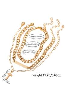 3pcs Layered Chain Bracelet, Classic Safety Pin, Paperclip Layered Mixed Design, Creative Cross Charm Men Jewelry - Yellow Gold - View 6