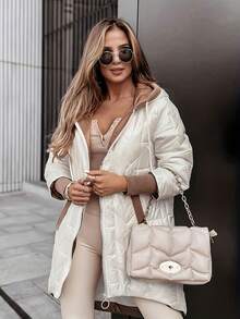 女士冬季外套，棉质连帽羽绒服，中长款，带口袋和不对称下摆 - 白色 - 查看 1