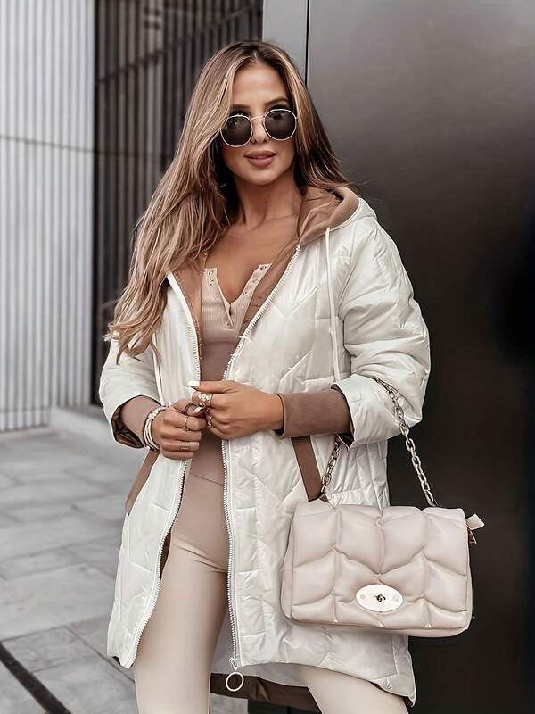 Women's Winter Jacket, Hooded Padded Coat, Mid-Length With Pockets And Asymmetric Hem White