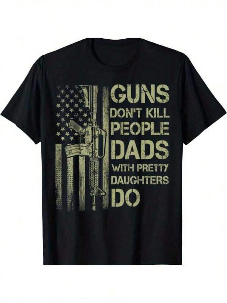 Men's T Shirts Guns Don't Kill People Dads With Pretty Daughters Humor Dad Gift Uni T-Shirt, All-Season, Family T-Shirt Men's Casual Print Round Neck Short Sleeve T-Shirt Standard Fit T-Shirt For Men - 黑色 - 查看 1