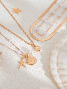 4pcs/Set Ocean Holiday Geometric Fine Chain Faux Pearl Beaded Flat Snake Chain Starfish Scallop Pendant Necklace, Elegant Luxury, Suitable For Wedding, Party, Beach, Casual, Street Style, Women & Couples, Holiday & Birthday Gift - Gold - View 5
