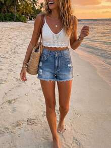 Women's Mid-Rise Stretch Denim Shorts | Distressed Ripped Frayed Hem Booty-Lifting Summer Shorts - 淺色水洗藍 - 查看 8