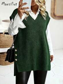 Áo len chui đầu không tay cổ chữ V thoải mái, dáng rộng cho nữ cỡ lớn - màu xanh lá - Xem 3