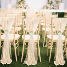 16件套浪漫婚礼椅背装饰带，长款雪纺蝴蝶结装饰，20*275厘米/7.8*108英寸，适用于婚礼走道仪式装饰、宴会厅、教堂、派对、餐厅、户外装饰 - 香檳色 - 查看 1