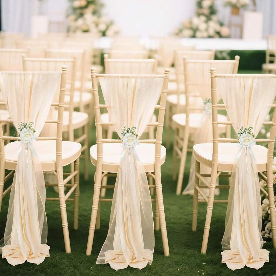 16件套浪漫婚礼椅背装饰带，长款雪纺蝴蝶结装饰，20*275厘米/7.8*108英寸，适用于婚礼走道仪式装饰、宴会厅、教堂、派对、餐厅、户外装饰 - 香檳色 - 查看 1
