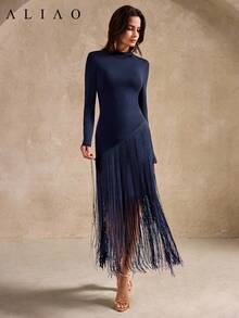 Aliao 春夏流苏高领长袖连衣裙，复古宫廷风优雅派对沙滩裙，藏蓝色，适合正式场合、毕业派对、情人节、海滩装扮 - 藏蓝色 - 查看 4