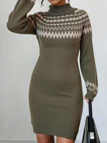 Casual Women's Knit Sweater Dress High Neck Long Sleeve Rib-Knit Short Pencil Dress Medium Stretch - Olive Green - View 3