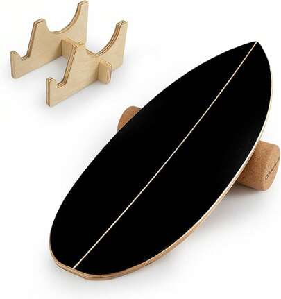 Balance Board Trainer For Adults, Wooden Balancing Board With Cork Roller And Storage Rack To Exercise And Build Core Strength, Wobble Board For Skateboard, Snowboard