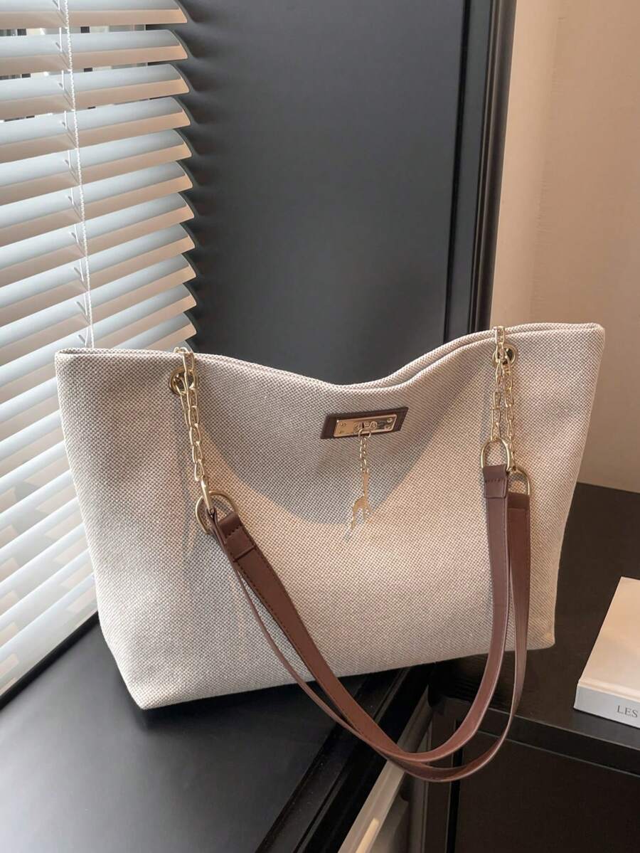 Bolso de mano de gran capacidad para mujer, bolso de hombro con cadena elegante, nuevo bolso de moda para debajo del brazo, bolso de lino retro - Café integral - Ver 1