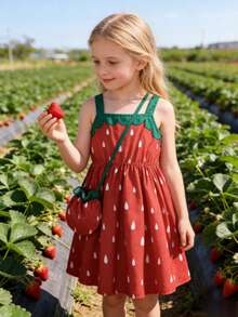 2件套女童红色草莓印花连衣裙配迷你斜挎包，春夏款 - 紅色 - 查看 1