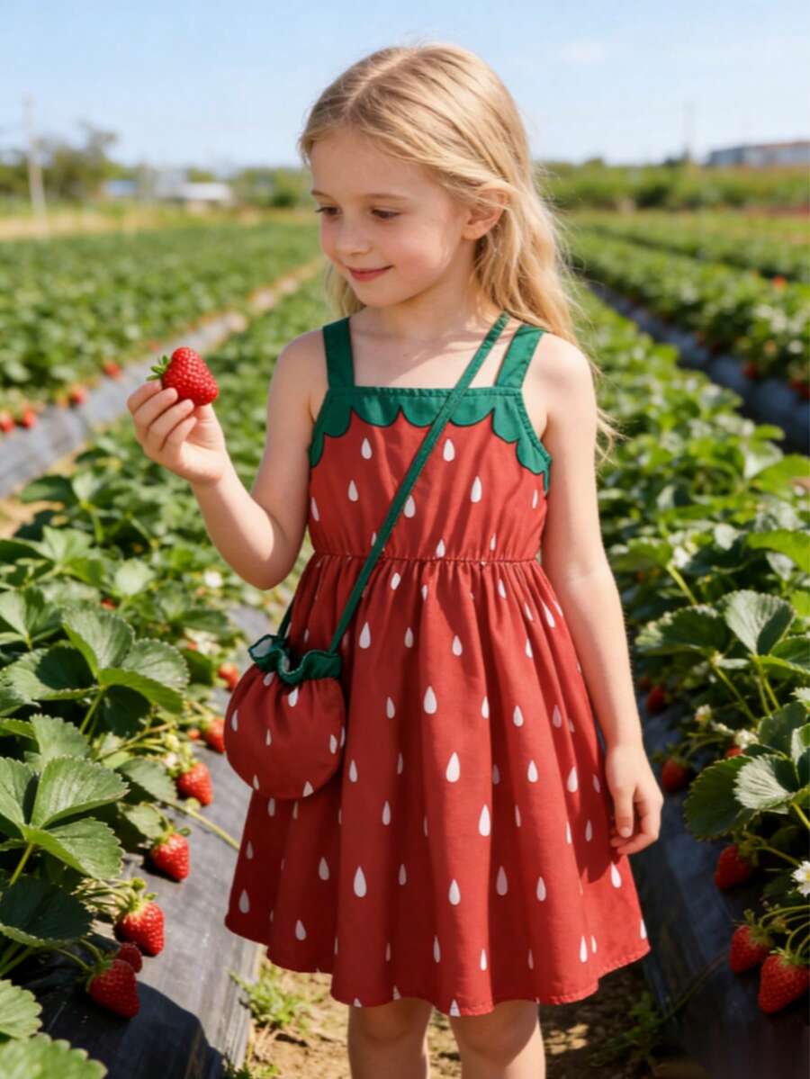 2件套女童红色草莓印花连衣裙配迷你斜挎包，春夏款 - 紅色 - 查看 1