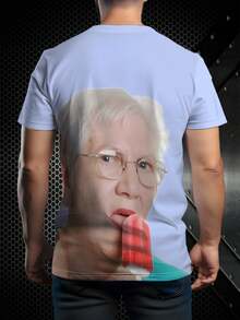 个性白色T恤，趣味奶奶吃冰淇淋3D印花，吸睛创意男士休闲时尚短袖，100%涤纶 - 彩色 - 查看 2