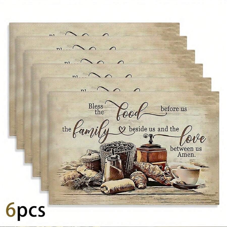 4pcs/6pcs Inspirational Placemats - Washable Polyester With Bible Verses & Croissant Coffee Food Designs | Suitable For Dining Table, Kitchen Decor, Parties And End Tables | Rectangular Shape - Nhiều màu - Xem 1