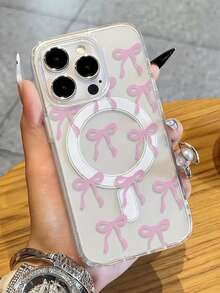 1pc Transparent Magnetic Phone Case With Pink Bow Design, Couples/Valentine's Day Phone Case, Fits For IPhone 17 Pro Max/16 Pro Max/15 Pro Max/13/15/16/17 Pro/14/11, Fashionable Transparent Pink Bow Magnetic Phone Protective Cover - Clear - View 3
