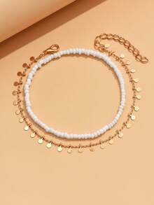 Bộ 2 chiếc vòng chân kiểu dáng nghỉ mát biển, đính hạt trắng, dây xích đồng hình đĩa (Tránh tiếp xúc với nước) - trắng - Xem 4