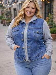 Chamarra Denim Curvy con Mangas de Felpa en Contraste y Capucha. MOD GIOVANA - Lavado ligero - Ver 2