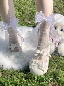 1 Pair Women's Summer Thin Criss-Cross Organza Pearl Bow Mid-Calf Socks - White - View 2