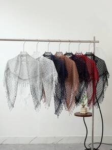 新款热销女士三角披肩，网纱、亮片和蕾丝饰边——多功能头巾围巾，浪漫透气，纯色，宽松版型 - 大尺寸版白色 - 查看 7