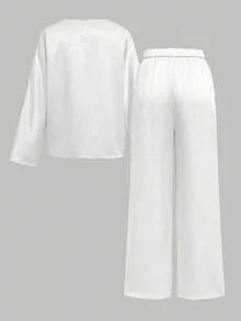 Set de 2 piezas Elegante y casual Vintage con patrón de moneda Textura de satén tipo seda Conjunto de mujer Blanco Primavera - Blanco - Ver 8