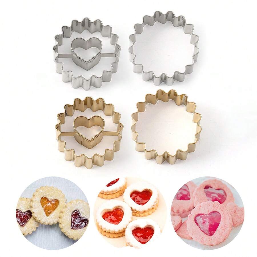 2件套不锈钢心形饼干模具，厨房烘焙工具套装，银色/金色可选，DIY翻糖蛋糕装饰，适用于婚礼、派对、圣诞节、开斋节等场合的饼干模具 - 彩色 - 查看 1