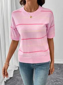 ASVIVID Apricot Striped Drop Shoulder Relaxed Fit Knit Top - Hồng - Xem 6