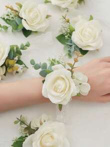 1件/2件/6件装奢华玫瑰绣球花人造花胸花和腕带，适合新郎、新娘、伴娘、婚礼、舞会、派对、正式场合 - 白色 - 查看 11