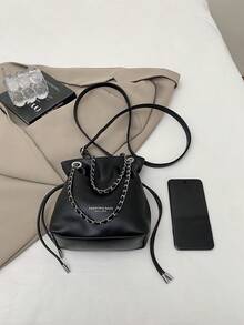 1pc Black Bucket Bag, New Fashionable Minimalist Solid Color PU Leather Shoulder Crossbody Bag For Women - Black - View 3