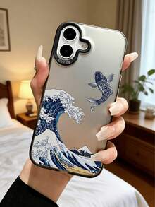 1pc Ukiyo-E Wave & Koi Fish Mirror Surface Phone Case, Metal Frame Anti-Drop, Japanese Art Protective Cover Compatible With Apple & Series - Black - View 5