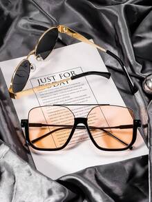 2 Pairs Fashion Half-Frame Square Glasses & Oval Glasses, Versatile Retro Personalized Accessories For Street Photography, Summer Vacation, Beach - 2pcs (茶色+黑色) - 查看 4