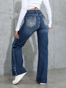 2026New Girls' Mid Waist Straight Tube Washed Grey Blue Women's Jeans And Pants, Personalized Flower Grinding, Water Washing Technology,  Fashionable Daily Wear, Multiple Pockets, Comfortable And Casual Pants, Suitable For All Seasons, Essential For Women's Wardrobes - xám xanh - Xem 5