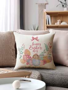 4pcs Easter Style Pillow Covers, Easter Eggs & Bunny Print Pattern, Vintage Linen Material Cushion Cases, Hidden Zipper Closure, Machine Washable, Home Decorative Throw Pillow Covers For Sofa, Living Room, Bedroom, No Pillow Insert - Multicolor - View 6