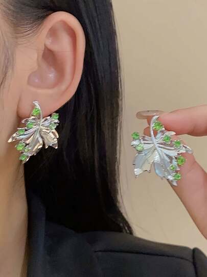 1 Pair Elegant Leaf Design Green Crystal Stud Earrings, Sophisticated & Fashionable For Women