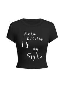 女士圆领短袖T恤，美式辣妹风格，夏季新款字母印花，时尚百搭修身露脐上衣 - 黑色 - 查看 3