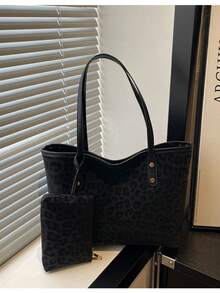 Bolso de mano grande con estampado de letras, bolso de hombro a cuadros para mujer, estilo para ir al trabajo - Negro - Ver 9