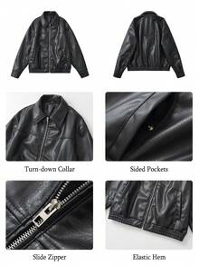 女士仿皮夹克，宽松机车飞行员夹克，Y2K风格 - 深黑色 - 查看 5