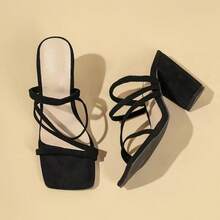 New Square Toe Retro Strap Thick Heels Gladiator Sandals For Women,Galentines,Sandals For Women,Valentine's Day,Zapatillas De Tacon Mujer,Black Heels - 黑色 - 查看 11