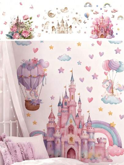 1PC/2PCS- Wallpaper -[Pink Castle]Boy Kids Room Decor Home Self-Adhesive Baby Nursery Decor Girl Decor Wallpaper Removable Wall Stickers For Wall Decor Living Room, Girls Bedroom, Window Stickers – Cute & Creative For Wall Art Kids Room Decor Bedroom Decor