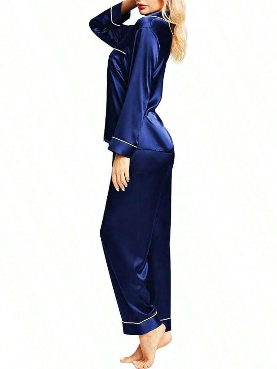Valentine's Day Limited High-End Fashion Satin Silk Women's Pajama Set Long Sleeve Button-Down Sleepwear XS-3XL Comfortable Warm Loungewear - 藏蓝色 - 查看 1
