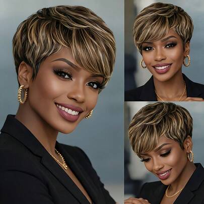 Real Human Hair Pixie Cut Wig - 4/27# Highlight Color, Short 6-Inch Brazilian Hair Human Hair Wigs For Women Straight Bob Wig With Bangs Glueless Human Hair Wig Includes Free Wig Cap No Shedding, Tangle-Free, Perfect For Daily Wear & Party & Holiday
