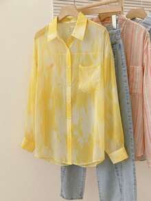 YUXIN Áo sơ mi nữ mỏng nhẹ, họa tiết nhuộm tie-dye ngọt ngào, dáng rộng, tay dài thoáng khí, thích hợp cho những buổi đi chơi thường ngày và kỳ nghỉ, mùa xuân/hè. - Màu vàng - Xem 3