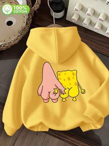 SpongeBob SquarePants 女士秋冬纯棉趣味卡通动物印花落肩卫衣，百搭，氛围/复古/街头/英伦/学院风，情侣款连帽衫，情人节、男女皆宜，约会、浪漫出游皆可穿着。 - 鮮黃色 - 查看 7