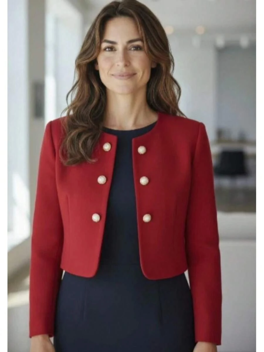 Women's Short Blazer, Cropped Top, Long Sleeve Crepe Knit Cardigan - Red - View 1