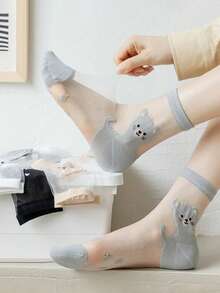 5 Pairs Women's Cute Bear Design Comfortable Personalized Silk Mid-Calf Socks, Spring/Summer - Multicolor - View 3