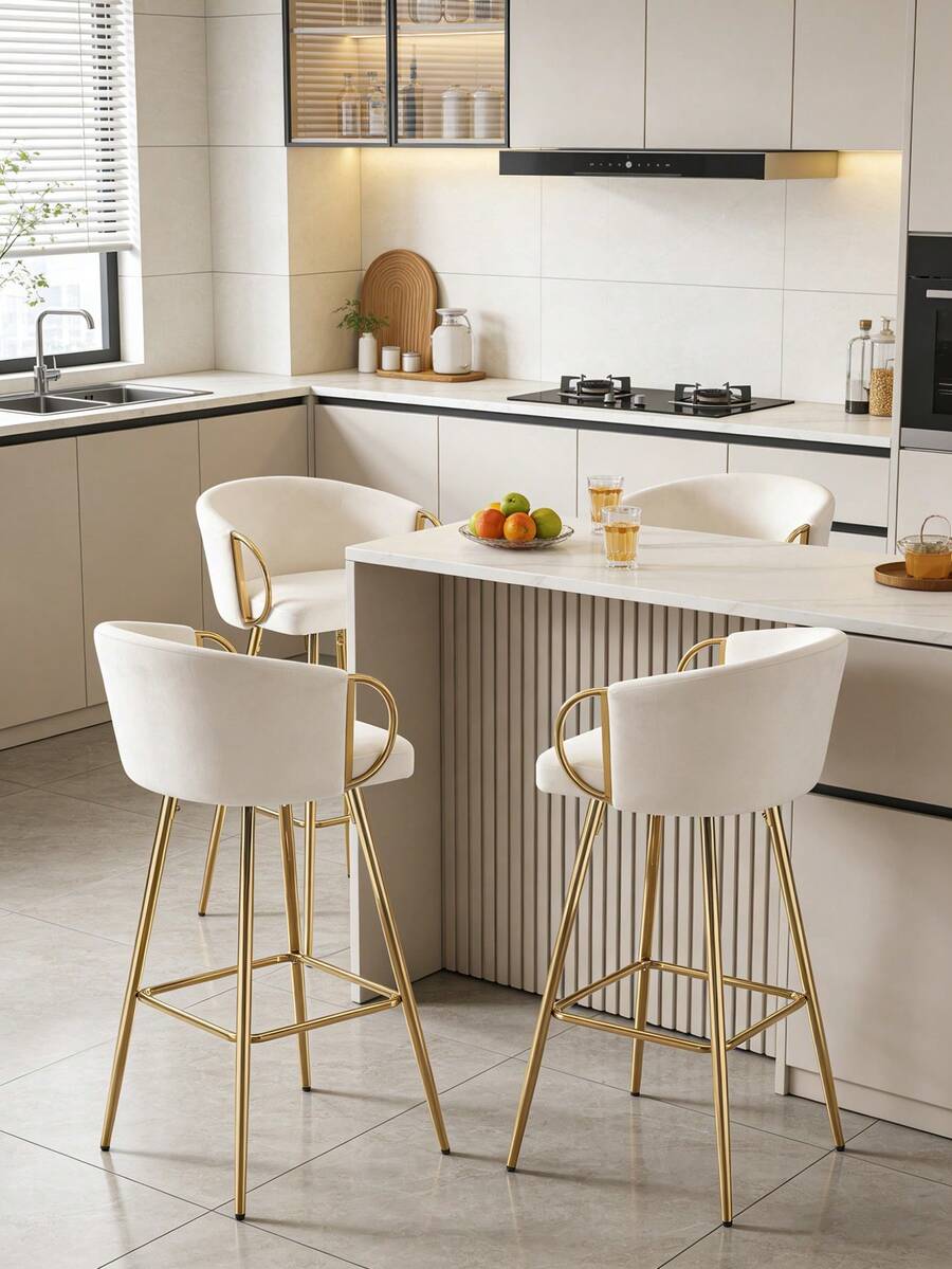 Set Of 2 Bar Stools,With Chrome Footrest And Base ,360° Swivel Height Adjustable Mechanical Lifting Velvet + Golden Leg, Simple Bar Stool With Back And Arm.High Chair For Restaurant, Coffee Shop,Kitchen Island And Home Bar.Furniture Living Room - 米色 - 查看 1