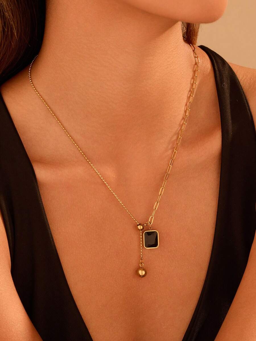 1pc Women's 304 Stainless Steel Necklace - Gold Ball Accent With Square Black Glass Pendant, Minimalist Elegant Everyday & Party Jewelry, Anti-Fade Gift, Retro Style, Polished Finish, Classic High-Quality Fashion Accessory - Geometry - View 1