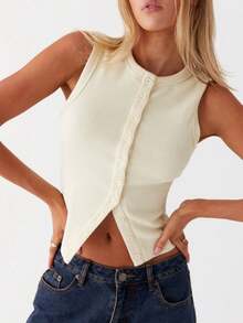 Women Y2k Button Down Tank Tops Casual Summer Ribbed Sleeveless Tees Shirts Basic Slim Fit Vest Shirts Aesthetic Crop Tops Streetwear - 杏色 - 查看 3