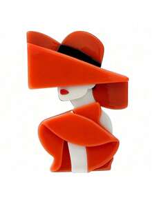 1pc Retro Chic Lady Wearing Hat Portrait Acrylic Brooch, Creative Art Style Backpack Clothes Pin Badge - Orange - View 8