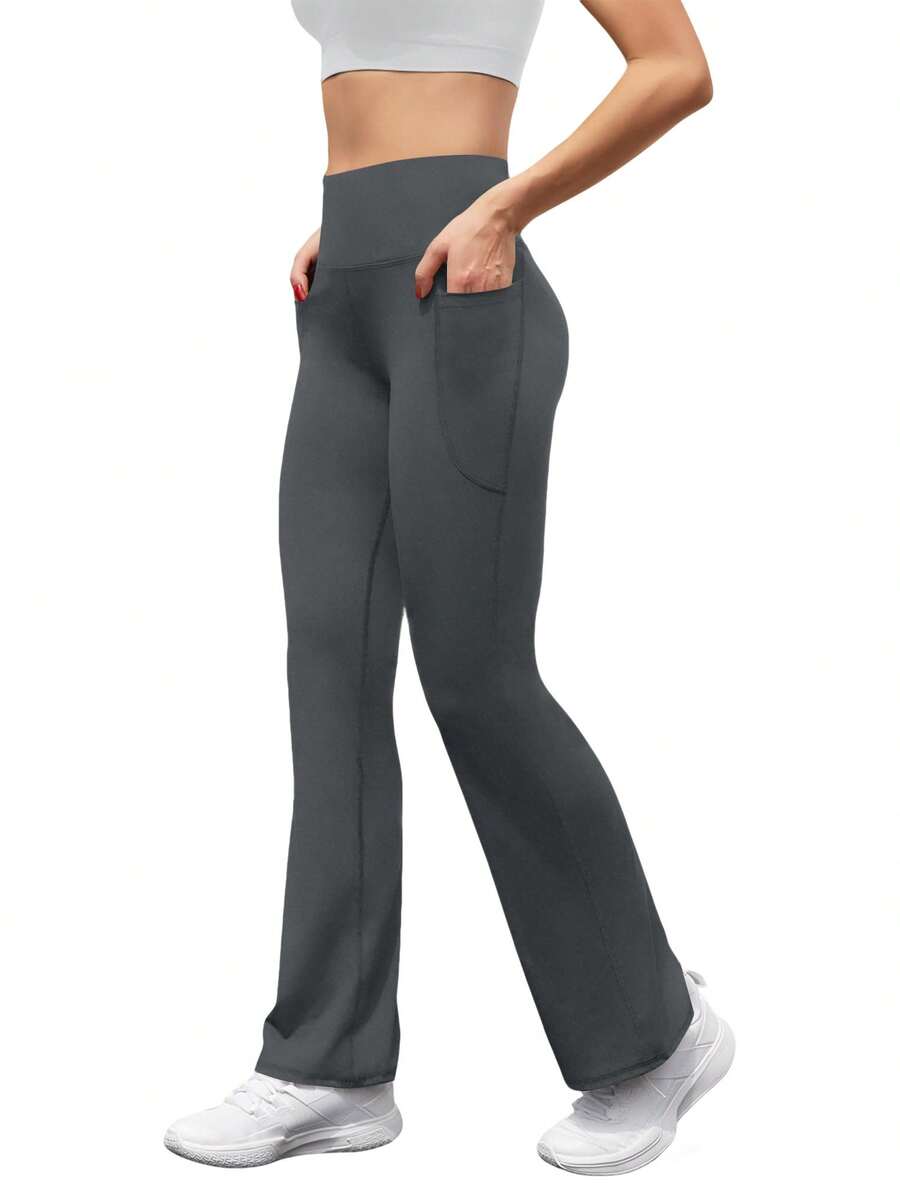 GEREARC Women's High-Waist Pocketed Yoga Pants – Seamless Flare Bootcut Style, Athletic & Casual Wear - 深灰色 - 查看 1