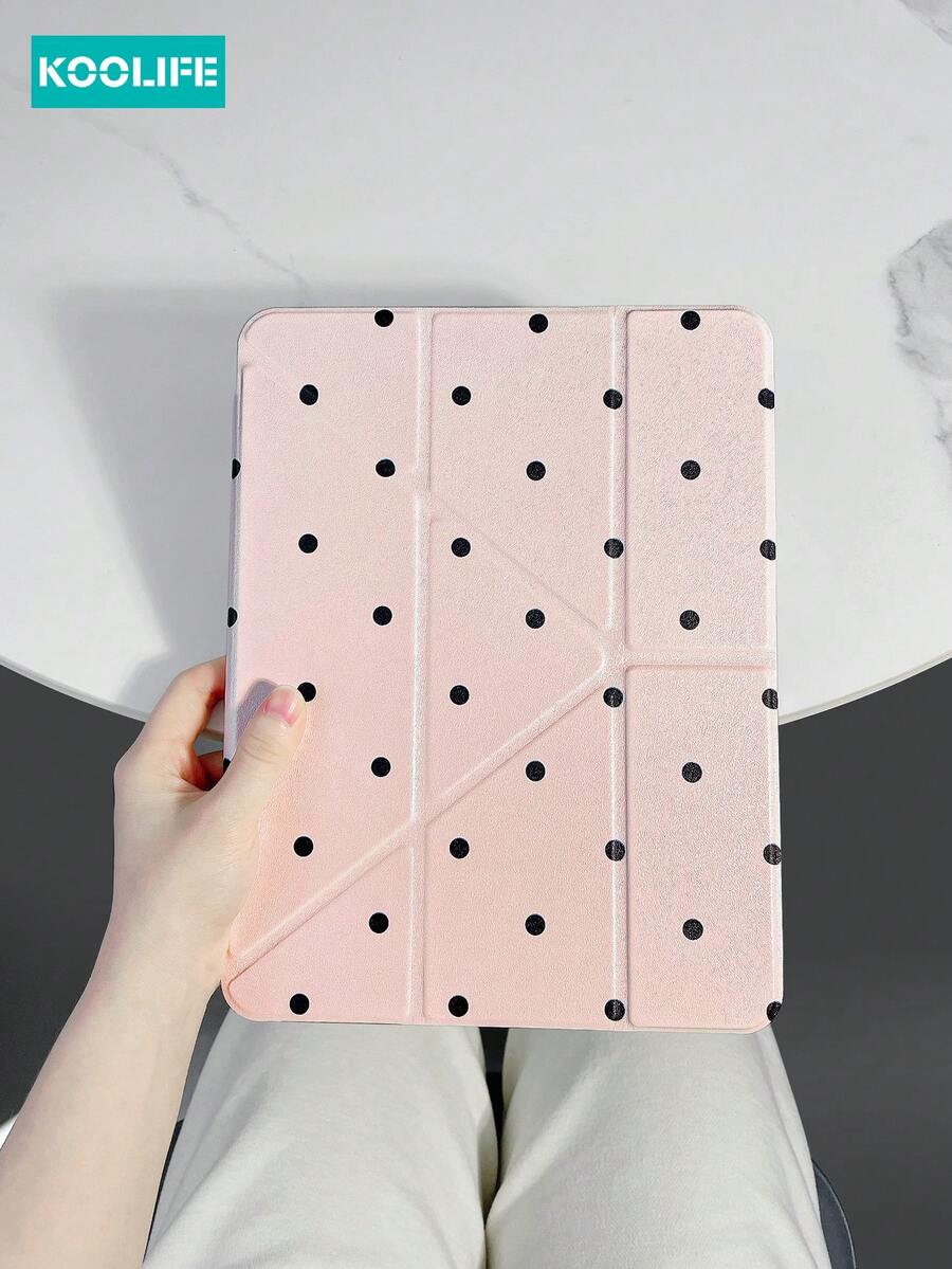 Koolife 1pc Pink Polka Dot Double-Sided Coated PC+TPU Y-Fold Tablet Protective Case, Suitable Compatible With Ipad 9.7/10.2/10.5/10.9/12.9/Pro 11 (10th Gen)/ Galaxy Tab S6/S7/S8/S9/S10/A8/A9, Protective Case Supports Multi-Angle Adjustment, Six Stand Placement Modes, Built-In Pen Slot, Transparent Back Panel, Anti-Drop Protection, Auto Wake/Sleep - Pink - View 1