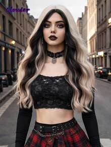 clouder Peluca larga ondulada y rizada de fibra sintética resistente al calor con flequillo central, de color negro con destellos dorados, estilo gótico punk, adecuada para uso diario, cosplay, estilo callejero, fiestas, festivales de música, estética Y2K, estilo académico de vanguardia y looks de moda punk moderno - Resaltar negro - Ver 2